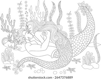 Sereia romântica e página de coloração de beijo de sereia. Ilustração detalhada da arte da linha de Merfolk Embrace, cercada por plantas oceânicas, Starfish. Ideal para livros de colorir adultos, temas de fantasia.