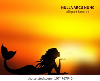 Romantic mermaid silhouette on sunrise. Magic shine background. Vector illustration