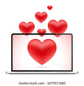 Romantic message concept, with red hearts flying out from an opened laptop. Vector illustration for Valentines day, or love relationships design decoration.
