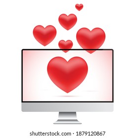 Romantic message concept, with red hearts flying out from a personal computer screen. Vector illustration for Valentines day, or love relationships design decoration.
