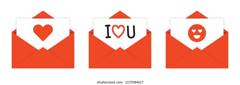 Romantic message I Love You with red heart on card design inside an open envelope vector illustration.