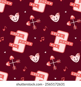 Romantic Messaging Pattern with Hearts, Arrows, and Text Messages on Burgundy Valentines Day seamless pattern Square vector backdrop, wedding, packaging, wrapping paper, wallpaper, fabric, textile