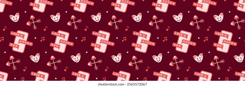 Romantic Messaging Pattern with Hearts, Arrows and Text Messages on Burgundy Valentines Day seamless pattern Long horizontal web cover banner, sale header, voucher template. Wedding packaging wrapping