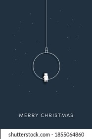 Romantic minimal Christmas card vector template with couple in love on a swing in shape of xmas decoration. Eps10 illustration.