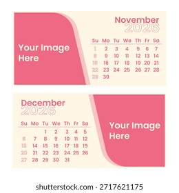 Plantilla de Vector minimalista romántica diseñada con una estética suave, elegante y encantadora. Este calendario presenta una paleta de colores rosados combinada con un diseño minimalista limpio, Formas geométricas suaves y tipografía moderna, creando un sentimiento visual cálido y suave.

El diseño incluye un espacioso marcador de posición de Imagen, lo que lo hace ideal para calendarios de fotos, temas de pareja, marca de estilo de vida y diseños personalizados. Perfecto para calendarios de pared, calendarios de escritorio, planificadores mensuales, calendarios anuales, horarios y organizadores. Adecuado para conceptos románticos como bodas, aniversarios, temas de San Valentín, regalos personales, decoración del hogar y marcas de estilo de vida femenino.

Esta Plantilla de Vector totalmente editable permite una fácil personalización del texto, las fechas, los colores y el diseño sin perder calidad. Optimizado tanto para uso impreso como digital, lo que lo hace adecuado para planificadores, papelería, materiales de marca, contenido de redes sociales y proyectos creativos que requieren un toque suave.

Una elección perfecta para diseñadores y empresas que buscan un calendario minimalista con un estilo romántico, moderno y elegante.

Características:

Diseño minimalista romántico

Paleta de color rosa suave

Diseño limpio y moderno

Formato de Vector totalmente editable

Alta resolución y listo para imprimir