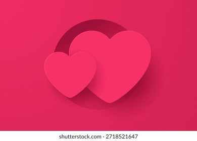 Fondo rojo suave minimalista romántico con dos corazones. Telón de fondo del Día de San Valentín. Ideal para diseños de tema de amor, carteles, Anuncios, tarjeta de felicitación.