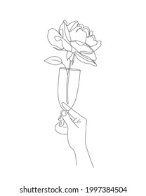 Romantic modern poster or card design with hand drawn line art. Toast with Rose flower in a drinking glass. Vector illustration