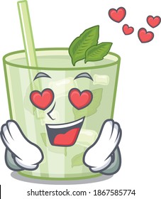 Romantic mojito lemon cocktail cartoon character has a falling in love eyes