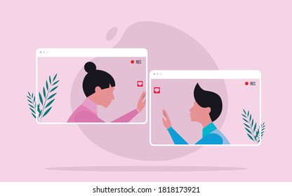 Romantic moment - couples who can only meet via video call. Distance makes them unable to meet. Flat Vector illustration