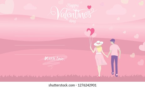 Romantic moment of happiness couple holding hand with heart shape balloon in woman hand and bicycle with copy space. Happy valentines day greeting card concept in pink color theme. Vector illustration
