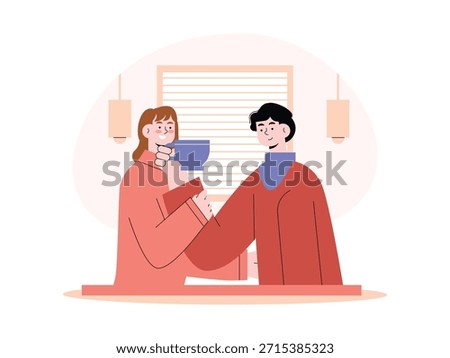 Romantic moment with her boyfriend while drinking a cup of coffee, dating in a cafe. Character design. Vector flat illustration