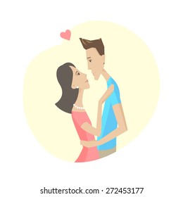 Romantic moment from the life a young couple in love. Sweet hugs. A portrait. Flat design. Vector illustration.