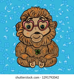 Romantic monkey with decoration of four leaf clover and eye glasses for Valentine's Day. Illustration in cartoon style on a blue background with flower