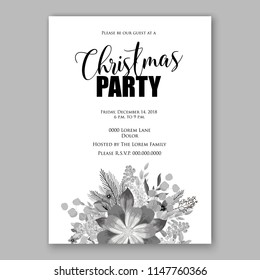 Romantic monochrom peony poinsettia bouquet template design. Winter holiday Merry Christmas party invitation wreath of gray flowers and pine and fir branches needle greenery 