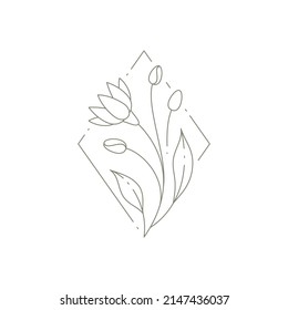 Romantic monochrome may lily flower with bud, stem, leaves at rhombus hand drawn frame logo vector illustration. Elegant simple icon spring floral wall art decor print icon for wedding greeting card