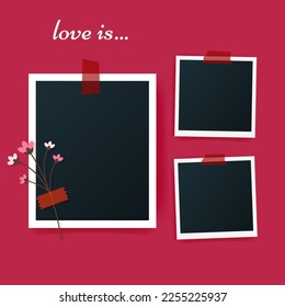 Romantic Mood board of blank photo frames for happy memories on color Magenta background. Snapshots glued with color adhesive tape. Vector illustration