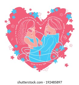 Romantic mood couple of lovers communicating by phone vector Illustration