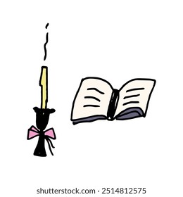 romantic mood: an extinguished candle and a notebook. Childish naive design, doodle vector art style.