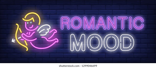 Romantic mood neon text with cupid. Saint Valentines Day design. Night bright neon sign, colorful billboard, light banner. Vector illustration in neon style.