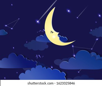 Romantic moon cartoon character on the midnight background of stars and clouds. Night sky scenery with crescent moon, clouds, falling star and constellation. Paper art style. Vector illustration