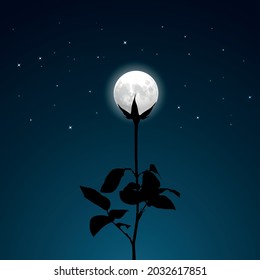 Romantic moon and flower silhouette. Vector