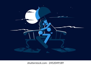 Noche romántica a la luz de la luna, Ilustración vectorial. Escena de banco del parque sereno.