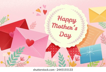 Romantic Mothers day card with badge, letters and botanical decors on light pink background.