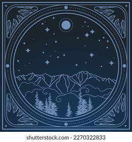 Romantic mountain landscape under the starry sky. Vector hand drawn illustration