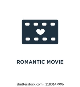 Romantic movie icon. Black filled vector illustration. Romantic movie symbol on white background. Can be used in web and mobile.