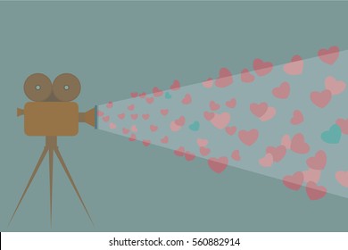 Romantic Movie Night. Retro Inspired Valentine`s Day Background.
Vector Flat Illustration Of A Movie Projector Projecting Colorful Hearts. 