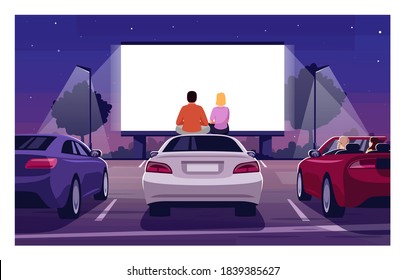 Romantic Movie Night Semi Flat Vector Illustration. Open Air Cinema. Drive In Premiere. Weekend Entertainment In Public Parking. Couple Watch Film 2D Cartoon Characters For Commercial Use