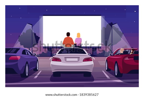 Romantic\
movie night semi flat vector illustration. Open air cinema. Drive\
in premiere. Weekend entertainment in public parking. Couple watch\
film 2D cartoon characters for commercial\
use