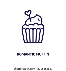 romantische Muffin-Ikone aus der Essenskollektion. Dünner linearer romantischer Muffin, Kuchen, Muffin-Umriss-Symbol einzeln auf weißem Hintergrund. Linearvektorromantik-Muffin-Zeichen, Symbol für Web und Mobile