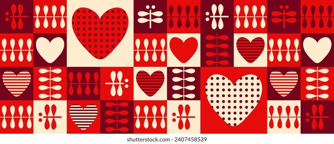 Romantic mug pattern with striped and dotted hearts. Checkered print for cup, mug, postcard, sticker, banner. Retro vector illustration.