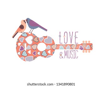 Romantic music icon concept. Hand drawn vintage guitar silhouette, kissing birds. Classic guitar flat design element. Musical fest poster, flyer template. Seasonal event background vector illustration