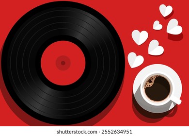 música romântica. canções de amor. gravação vermelha no fundo vermelho com café. vetor