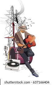 Romantic musician with a guitar in the city. Musical poster background. Hand  drawn vector illustration.