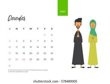 Romantic Muslim Young Family Couple Desk Calendar Illustration, December
