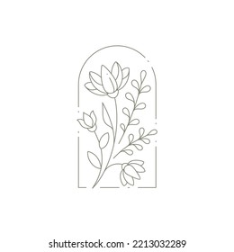 Romantic nature flower plant with buds, stem, leaves at antique arch frame decorative design logo vector illustration. Elegant floral decor for gardening shop, beauty spa salon, wedding greeting card