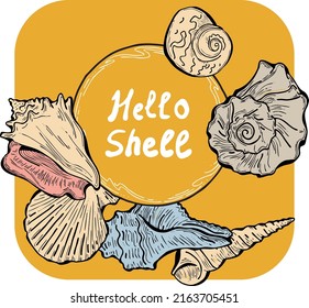 Romantic nautical background frame border. lettering and shells collection decoration. Element template for memory card, poster. Hand drawn retro vintage vector illustration. Cartoon style drawing.