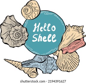 Romantic nautical background frame border. lettering and shells collection decoration. Element template for memory card, poster. Hand drawn retro vintage vector illustration. Old style line drawing.