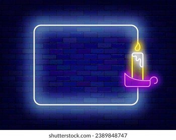 Romantic neon advertising. Christmas candle and empty white frame. December holiday. Happy New Year. Copy space. Bright flyer. Shiny poster. Editing text. Vector stock illustration