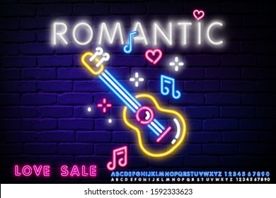 romantic neon guitar sign of love. Light indications, neon signs, glowing elements. Concept of Valentine's Day, love, March 8. Hearts, musical instruments inscriptions