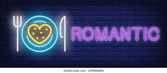 Romantic neon text with dish, fork and knife. Saint Valentines Day or romantic date design. Night bright neon sign, colorful billboard, light banner. Vector illustration in neon style.