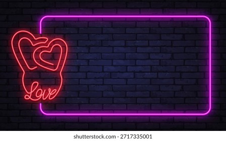 Quadro de vetor neon romântico com corações brilhantes e texto de amor manuscrito na parede de tijolos escuros. Perfeito para projetos de cartões de dia dos namorados, anúncios de casamento e banners românticos.