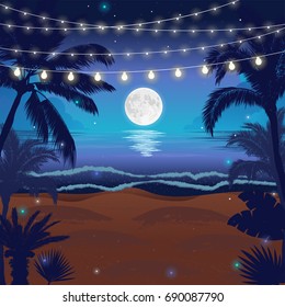 Romantic Night Beach Scene With A Full Moon, Palms And Hanging Party Lights, Vector Illustration