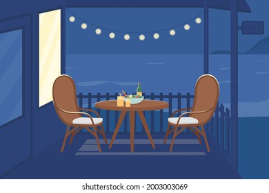 Romantic Night At Cafe Flat Color Vector Illustration. Table For Couple To Eat Dinner At Evening Date. Backyard Party. Summer 2D Cartoon Outdoor View With Nighttime Seaside On Background