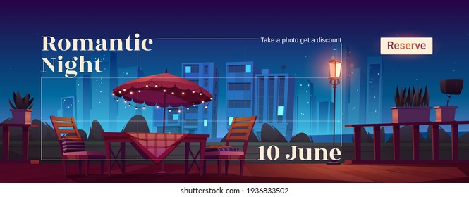 Romantic night cartoon web banner with cafe patio