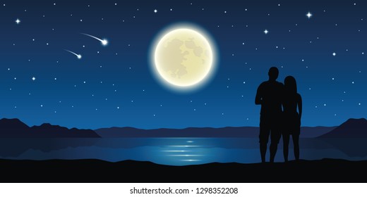 romantic night couple in love at the lake with full moon and falling stars vector illustration EPS10