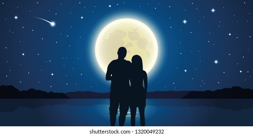 romantic night couple in love at the sea with full moon and falling stars vector illustration EPS10